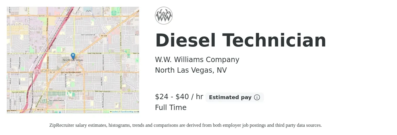 W.W. Williams Company job posting for a Diesel Technician in North Las Vegas, NV with a salary of $25 to $42 Hourly with a map of North Las Vegas location.