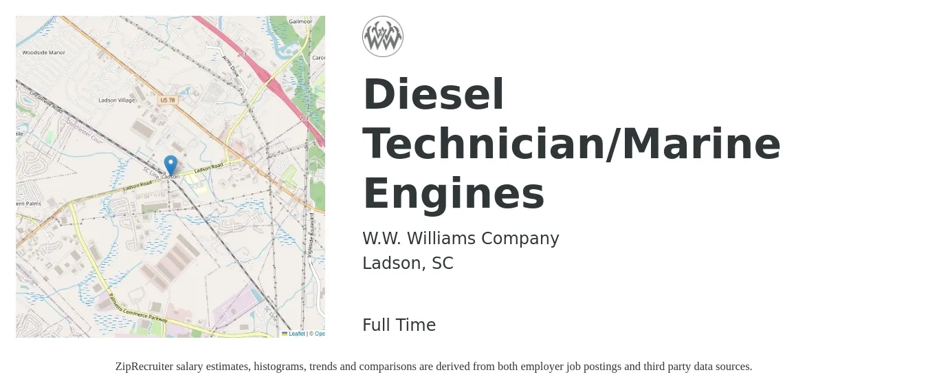 W.W. Williams Company job posting for a Diesel Technician/Marine Engines in Ladson, SC with a salary of $26 to $36 Hourly with a map of Ladson location.