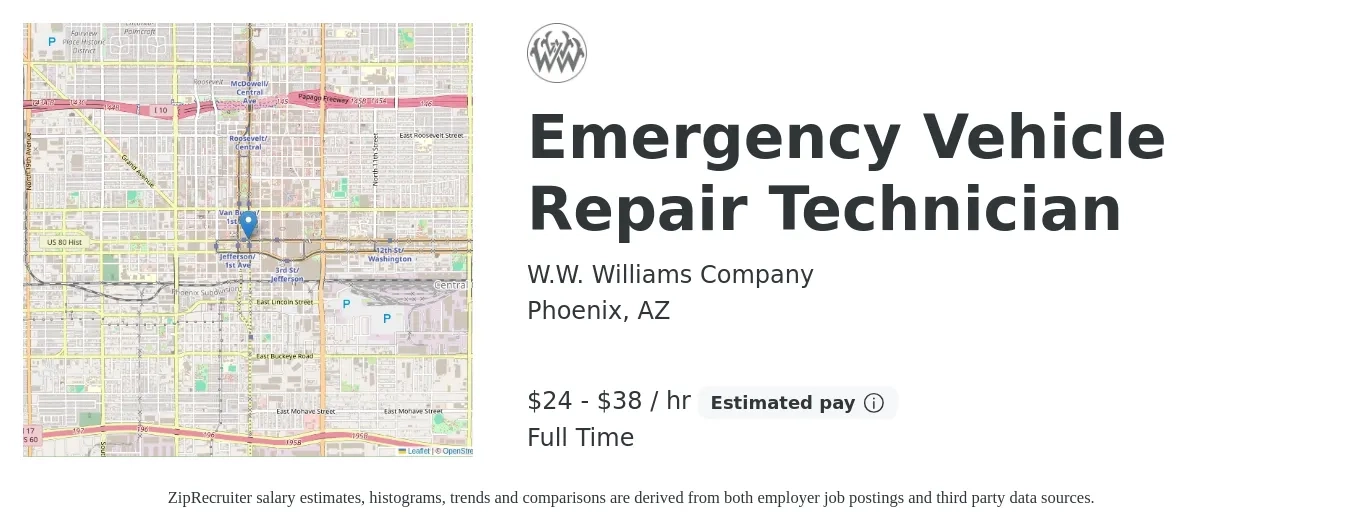 W.W. Williams Company job posting for a Emergency Vehicle Repair Technician in Phoenix, AZ with a salary of $25 to $40 Hourly with a map of Phoenix location.