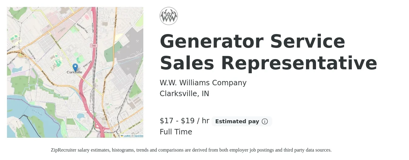 W.W. Williams Company job posting for a Generator Service Sales Representative in Clarksville, IN with a salary of $38,000 to $42,000 Yearly with a map of Clarksville location.