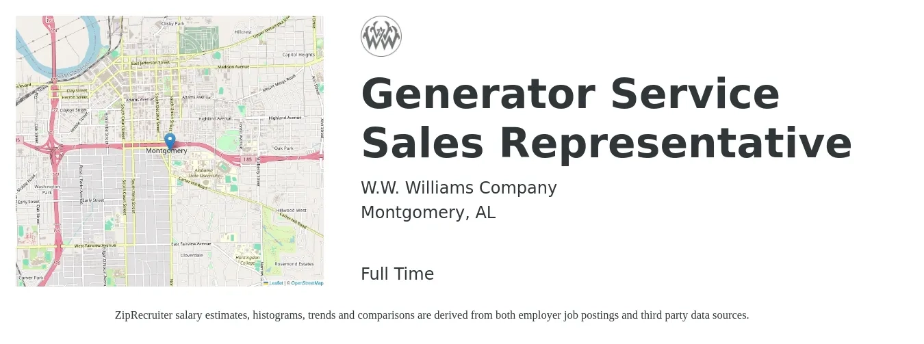 W.W. Williams Company job posting for a Generator Service Sales Representative in Montgomery, AL with a salary of $39,600 to $69,200 Yearly with a map of Montgomery location.