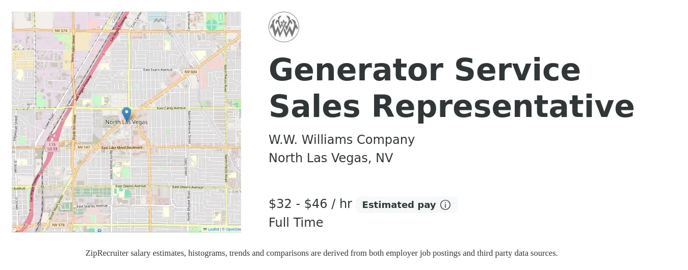 W.W. Williams Company job posting for a Generator Service Sales Representative in North Las Vegas, NV with a salary of $70,000 to $100,000 Yearly with a map of North Las Vegas location.