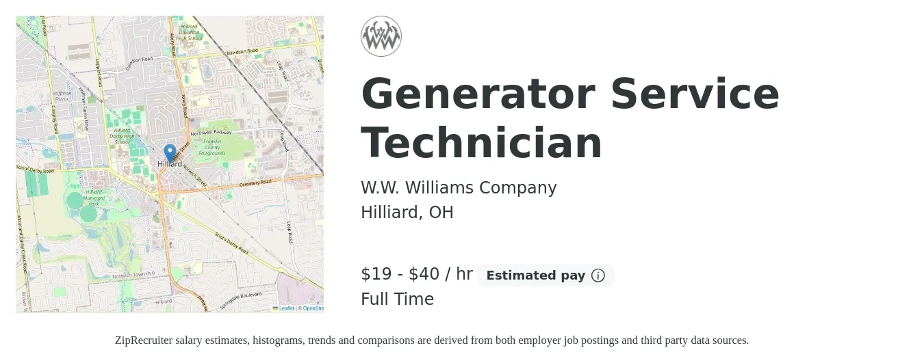 W.W. Williams Company job posting for a Generator Service Technician in Hilliard, OH with a salary of $20 to $42 Hourly with a map of Hilliard location.