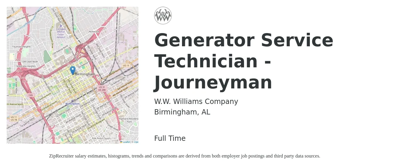 W.W. Williams Company job posting for a Generator Service Technician - Journeyman in Birmingham, AL with a salary of $20 to $29 Hourly with a map of Birmingham location.
