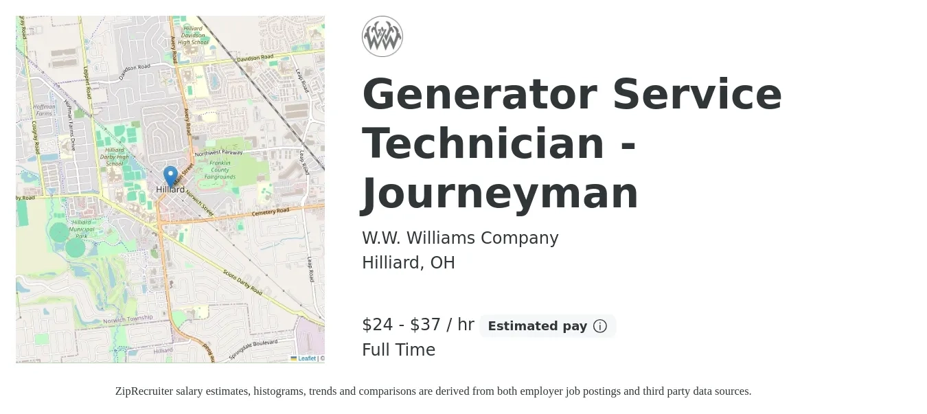 W.W. Williams Company job posting for a Generator Service Technician - Journeyman in Hilliard, OH with a salary of $25 to $39 Hourly with a map of Hilliard location.