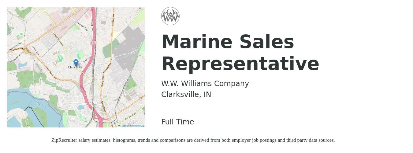 W.W. Williams Company job posting for a Marine Sales Representative in Clarksville, IN with a salary of $48,200 to $83,800 Yearly with a map of Clarksville location.