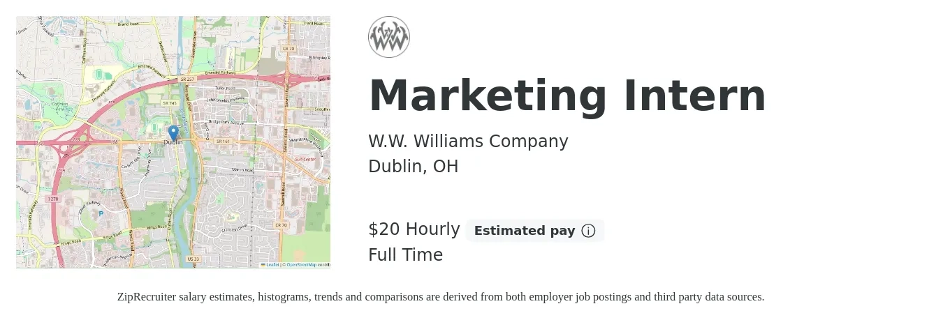 W.W. Williams Company job posting for a Marketing Intern in Dublin, OH with a salary of $14 to $19 Hourly with a map of Dublin location.