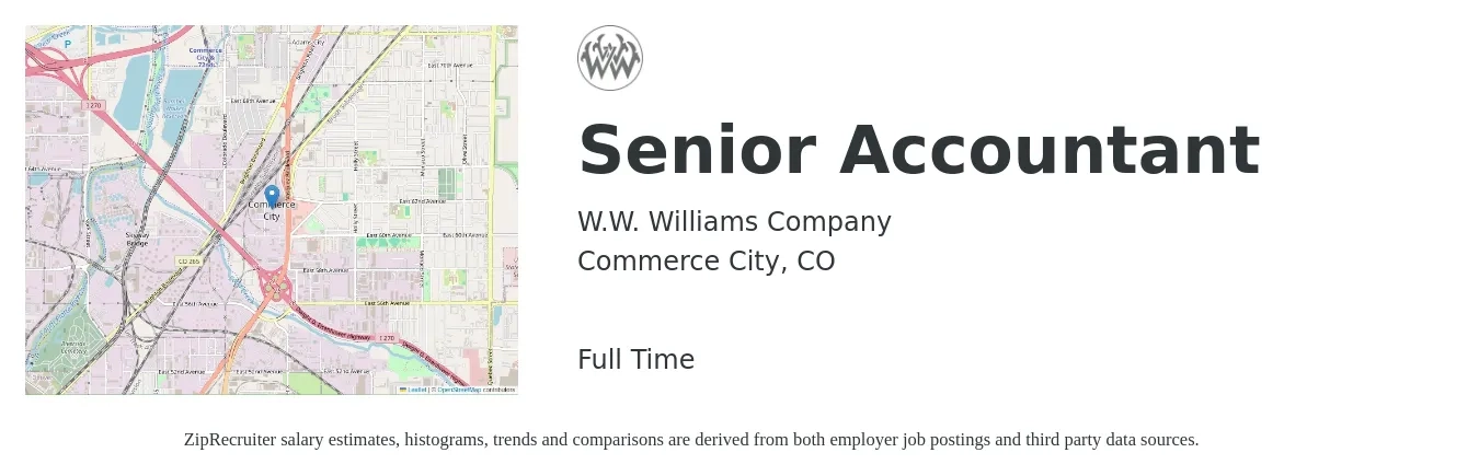 W.W. Williams Company job posting for a Senior Accountant in Commerce City, CO with a salary of $77,800 to $97,800 Yearly with a map of Commerce City location.