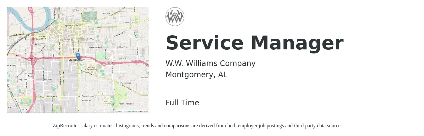 W.W. Williams Company job posting for a Service Manager in Montgomery, AL with a salary of $51,400 to $79,600 Yearly with a map of Montgomery location.