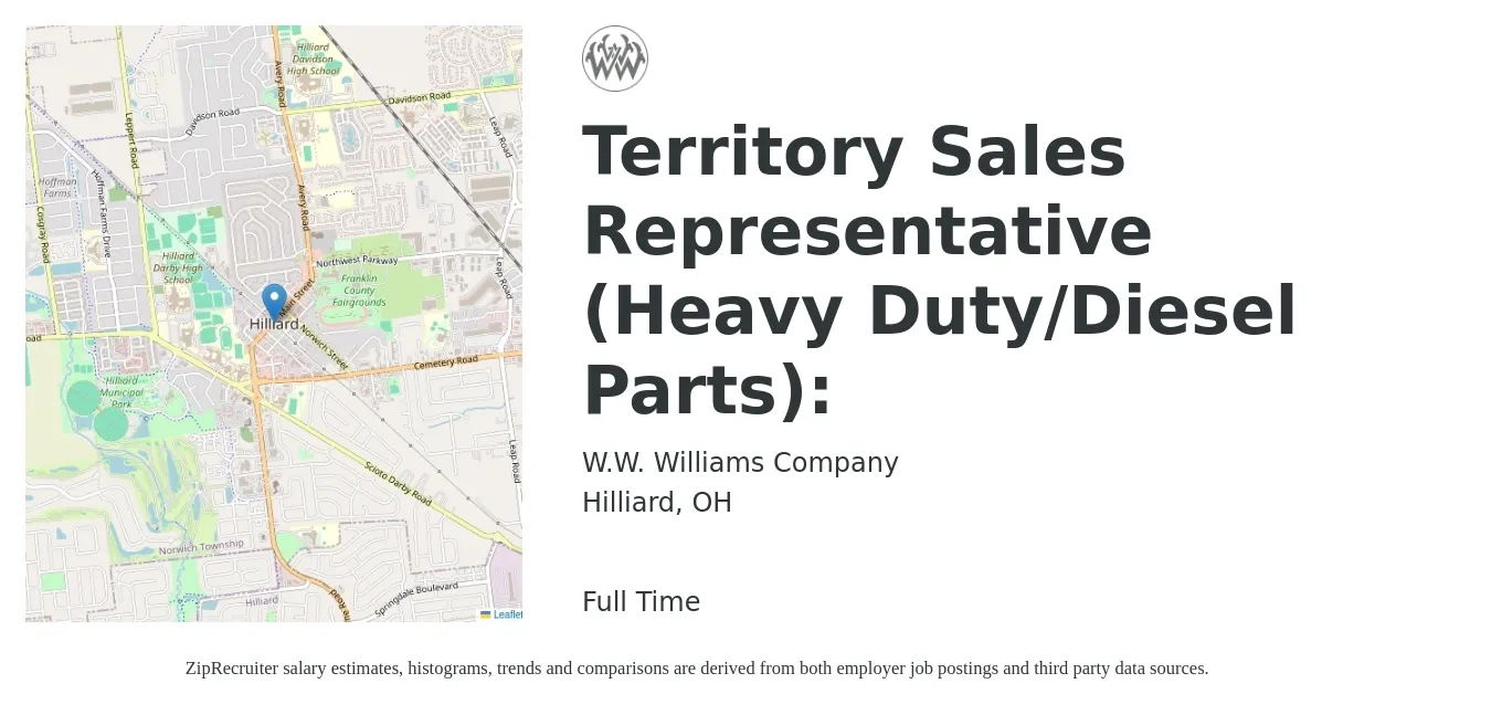 W.W. Williams Company job posting for a Territory Sales Representative (Heavy Duty/Diesel Parts): in Hilliard, OH with a salary of $47,300 to $78,500 Yearly with a map of Hilliard location.