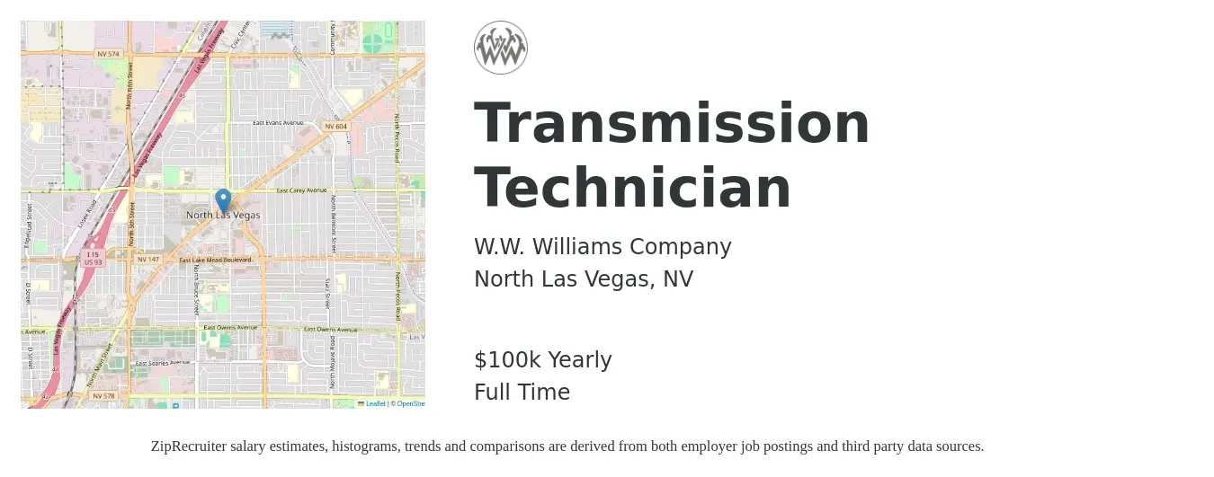 W.W. Williams Company job posting for a Transmission Technician in North Las Vegas, NV with a salary of $100,000 Yearly with a map of North Las Vegas location.