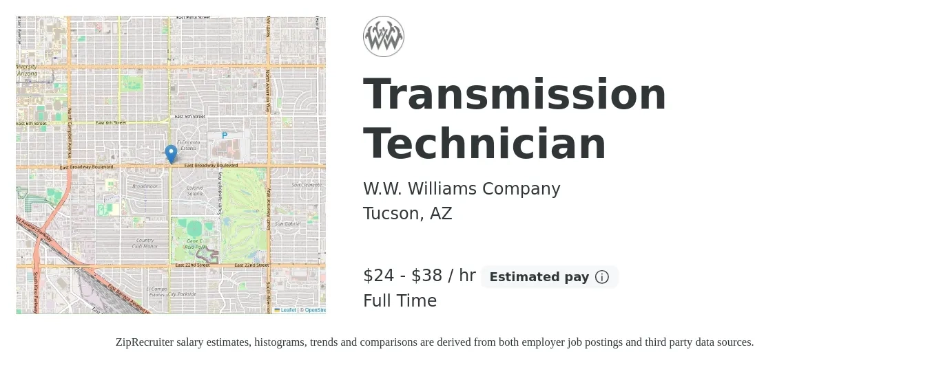 W.W. Williams Company job posting for a Transmission Technician in Tucson, AZ with a salary of $25 to $42 Hourly with a map of Tucson location.