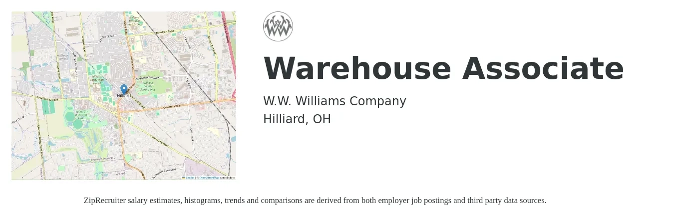 W.W. Williams Company job posting for a Warehouse Associate in Hilliard, OH with a salary of $21 to $23 Hourly with a map of Hilliard location.