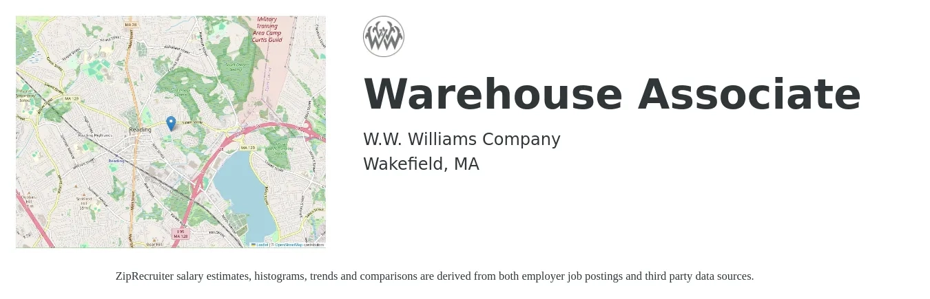 W.W. Williams Company job posting for a Warehouse Associate in Wakefield, MA with a salary of $20 to $21 Hourly with a map of Wakefield location.