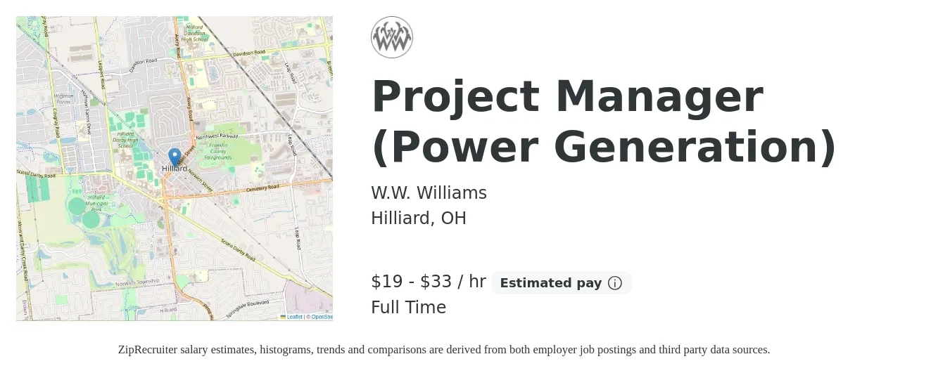 W.W. Williams Company job posting for a Project Manager (Power Generation) in Hilliard, OH with a salary of $20 to $35 Hourly with a map of Hilliard location.