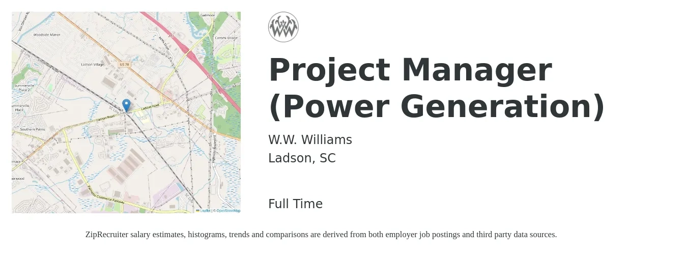 W.W. Williams Company job posting for a Project Manager (Power Generation) in Ladson, SC with a salary of $76,700 to $120,200 Yearly with a map of Ladson location.