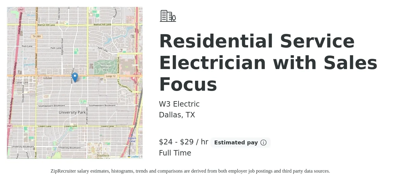 W3 Electric job posting for a Residential Service Electrician with Sales Focus in Dallas, TX with a salary of $25 to $31 Hourly with a map of Dallas location.