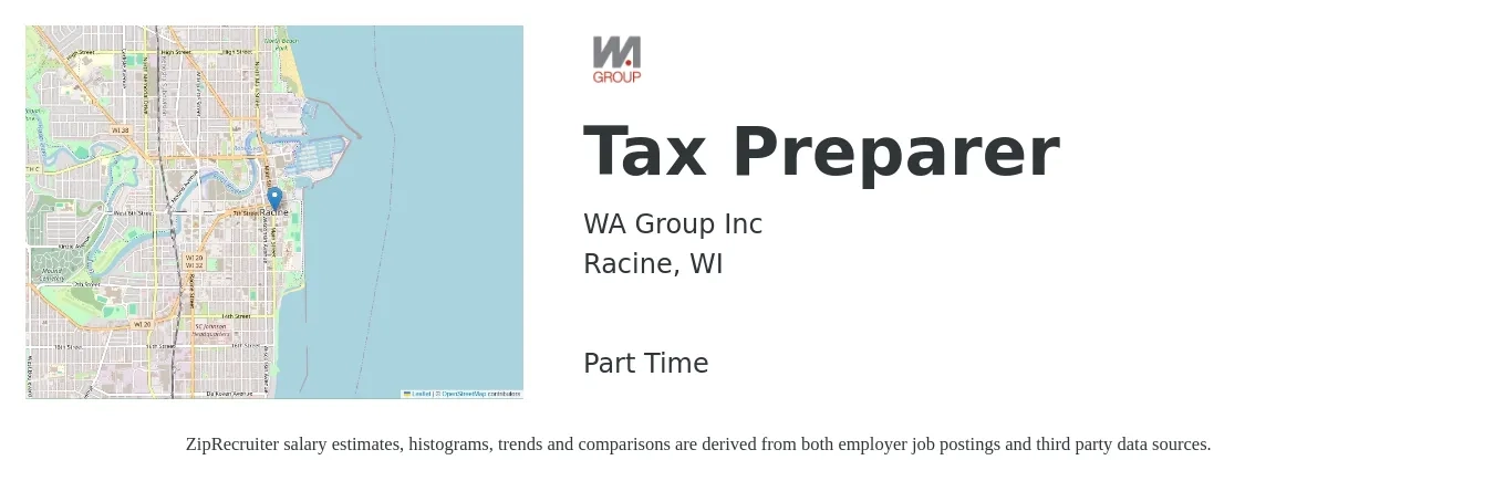 WA Group Inc job posting for a Tax Preparer in Racine, WI with a salary of $12 to $19 Hourly with a map of Racine location.