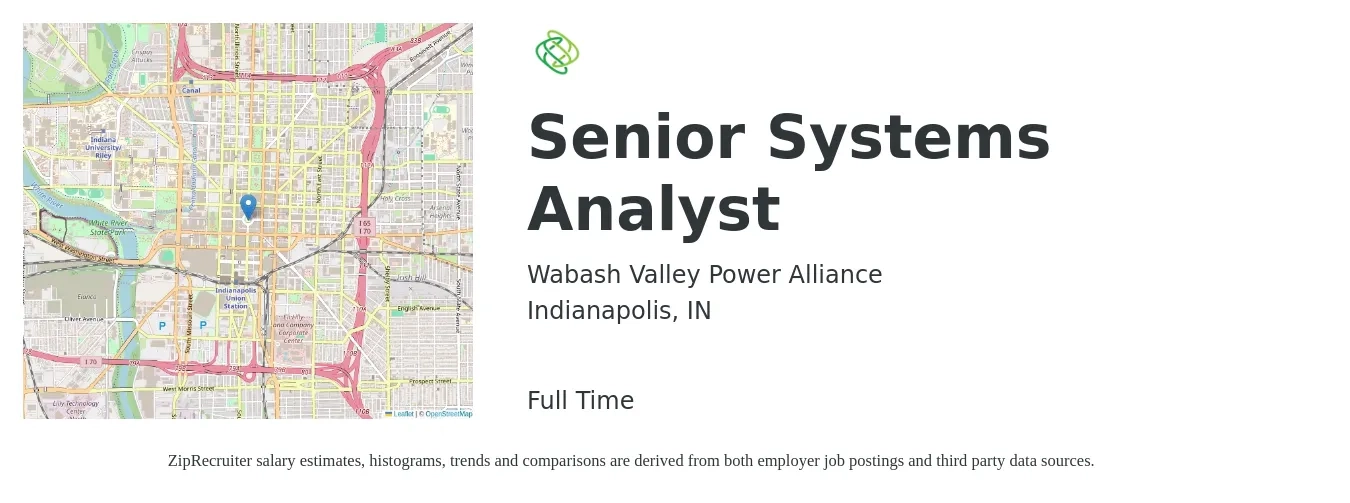 Wabash Valley Power Alliance job posting for a Senior Systems Analyst in Indianapolis, IN with a salary of $81,700 to $120,000 Yearly with a map of Indianapolis location.