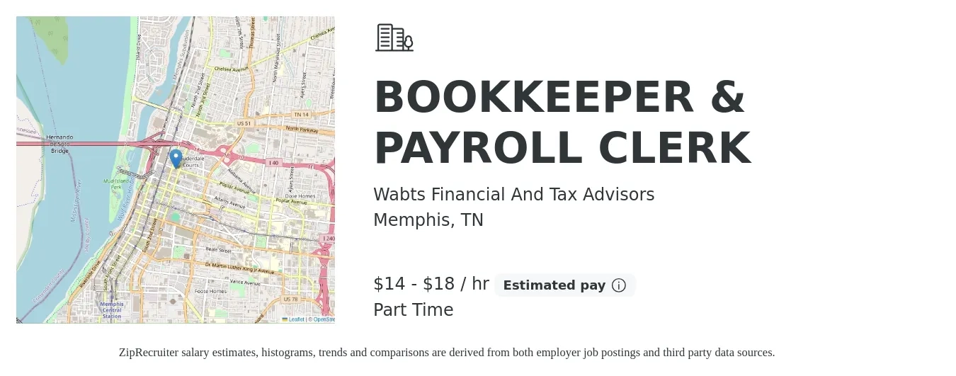 Wabts Financial And Tax Advisors job posting for a BOOKKEEPER & PAYROLL CLERK in Memphis, TN with a salary of $15 to $19 Hourly with a map of Memphis location.