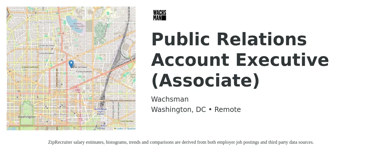 Wachsman job posting for a Public Relations Account Executive (Associate) in Washington, DC with a salary of $66,200 to $92,800 Yearly with a map of Washington location.
