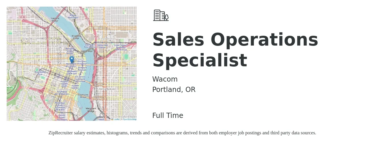Wacom job posting for a Sales Operations Specialist in Portland, OR with a salary of $25 to $31 Hourly with a map of Portland location.