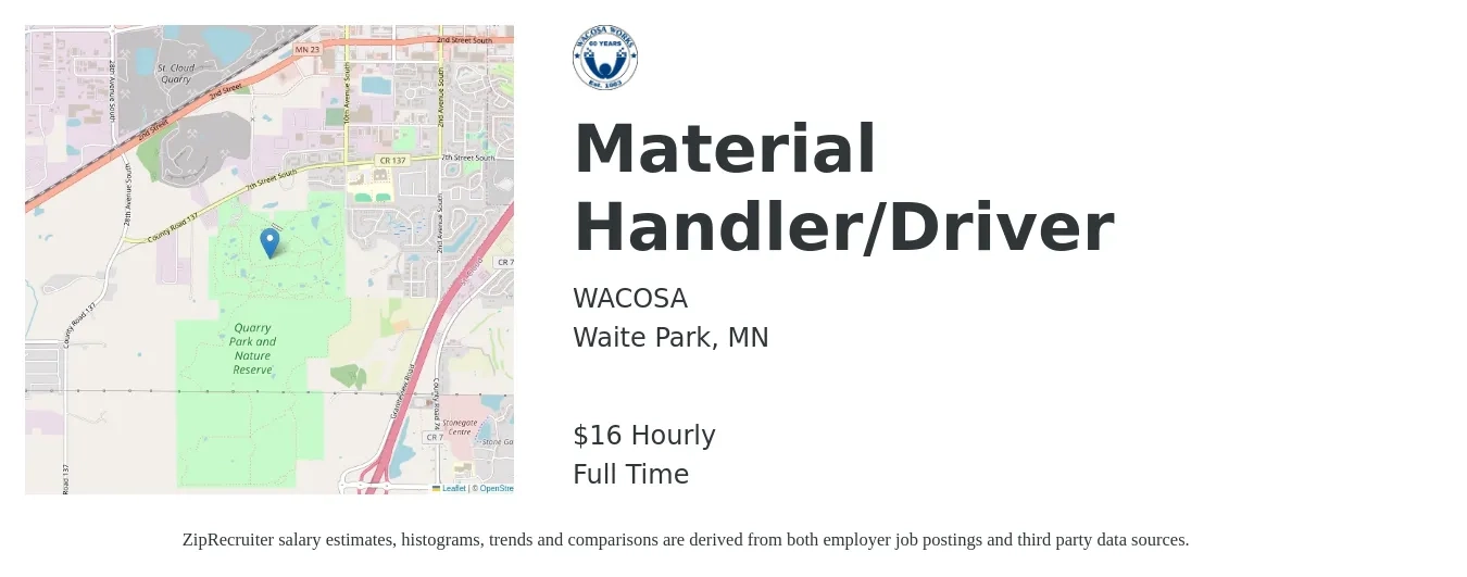 WACOSA job posting for a Material Handler/Driver in Waite Park, MN with a salary of $16 to $19 Hourly with a map of Waite Park location.