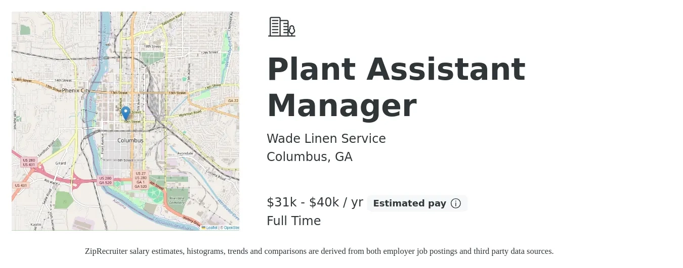 Wade Linen Service job posting for a Plant Assistant Manager in Columbus, GA with a salary of $31,200 to $40,000 Yearly with a map of Columbus location.
