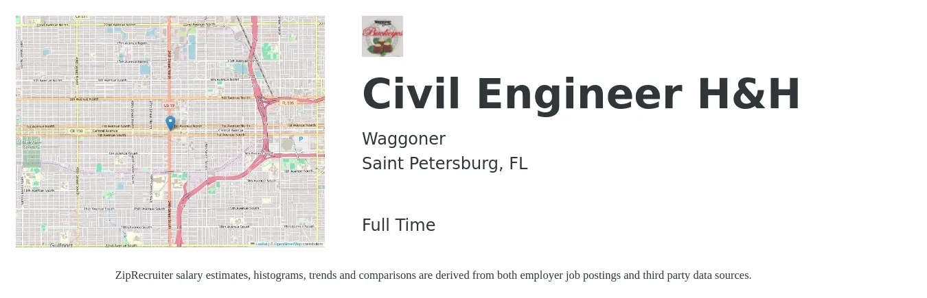 Waggoner job posting for a Civil Engineer H&H in Saint Petersburg, FL with a salary of $63,800 to $93,100 Yearly with a map of Saint Petersburg location.
