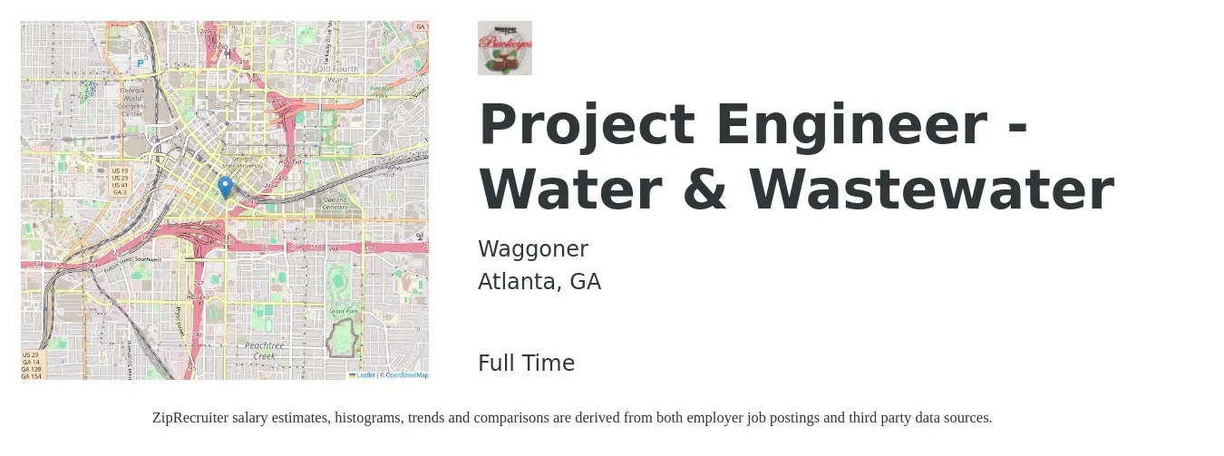 Waggoner job posting for a Project Engineer - Water & Wastewater in Atlanta, GA with a salary of $80,800 to $112,000 Yearly with a map of Atlanta location.