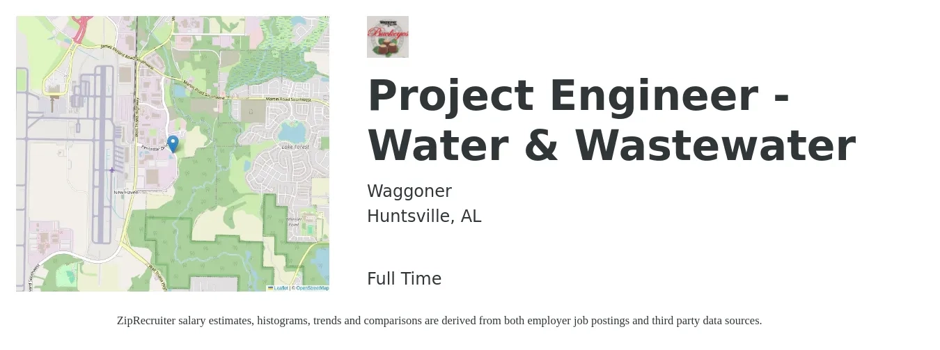 Waggoner job posting for a Project Engineer - Water & Wastewater in Huntsville, AL with a salary of $82,800 to $114,800 Yearly with a map of Huntsville location.