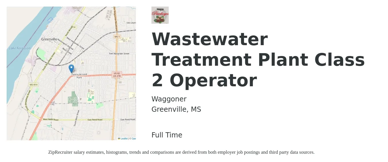 Waggoner job posting for a Wastewater Treatment Plant Class 2 Operator in Greenville, MS with a salary of $19 to $28 Hourly with a map of Greenville location.