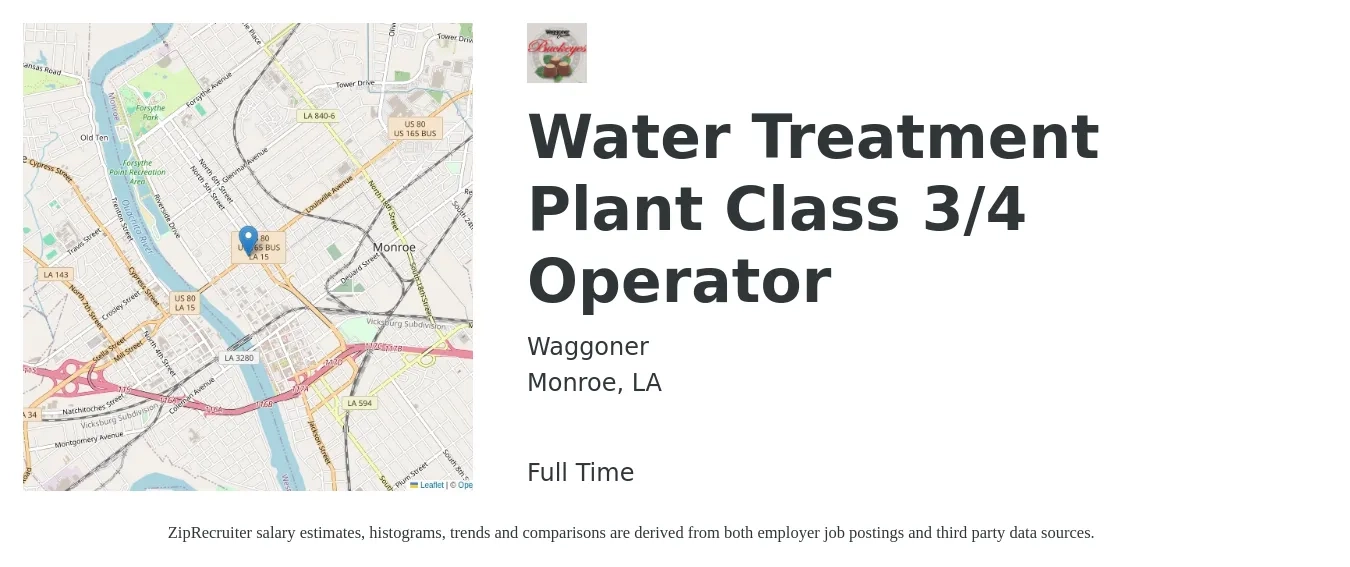 Waggoner job posting for a Water Treatment Plant Class 3/4 Operator in Monroe, LA with a salary of $42,300 to $63,500 Yearly with a map of Monroe location.