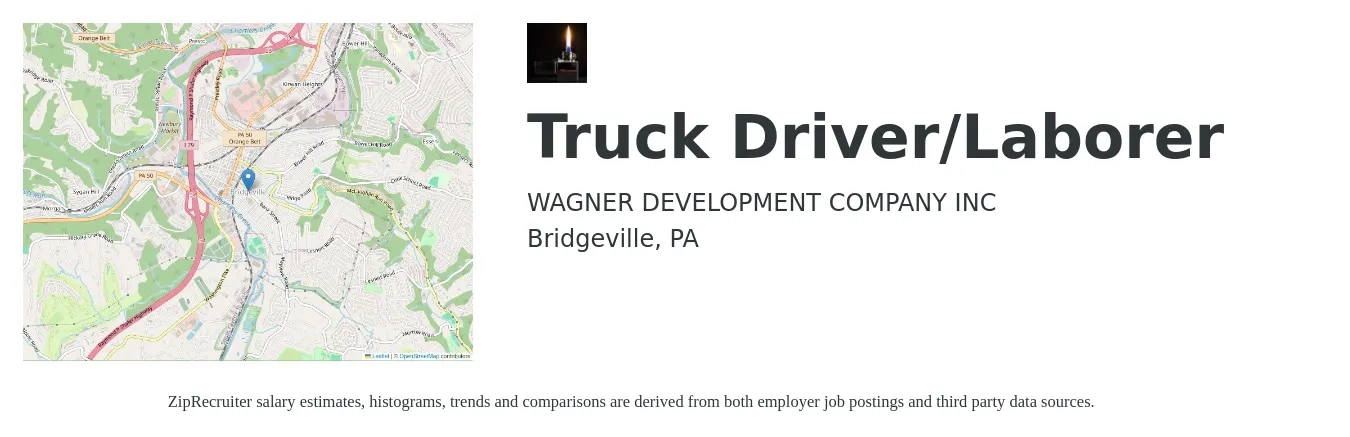 WAGNER DEVELOPMENT COMPANY INC job posting for a Truck Driver/Laborer in Bridgeville, PA with a salary of $25 to $28 Yearly with a map of Bridgeville location.