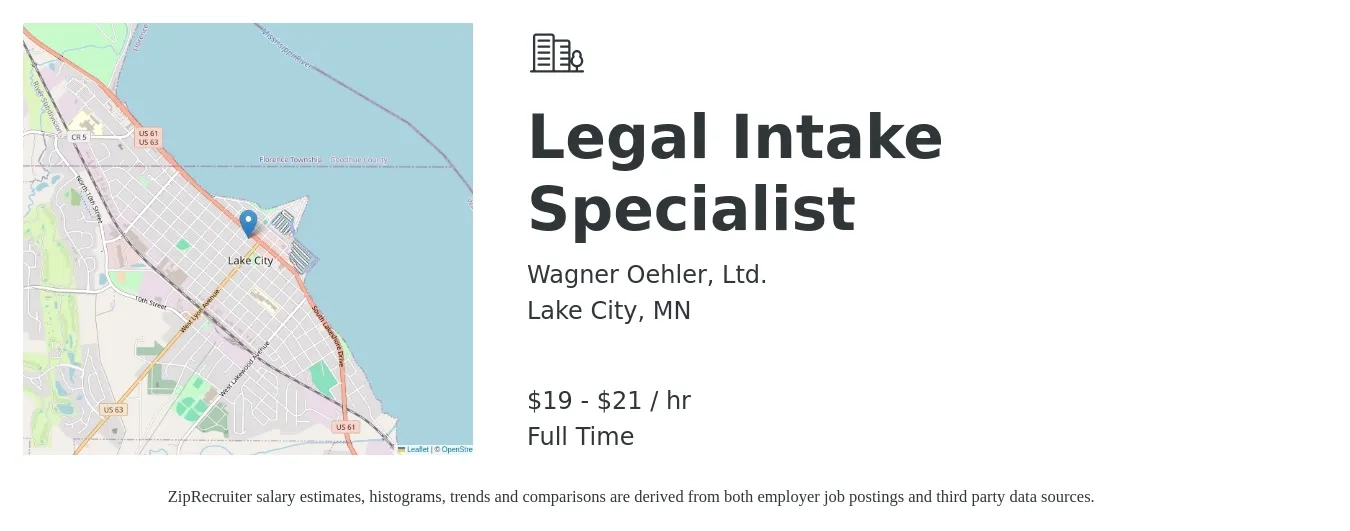 Wagner Oehler, Ltd. job posting for a Legal Intake Specialist in Lake City, MN with a salary of $20 to $22 Hourly with a map of Lake City location.