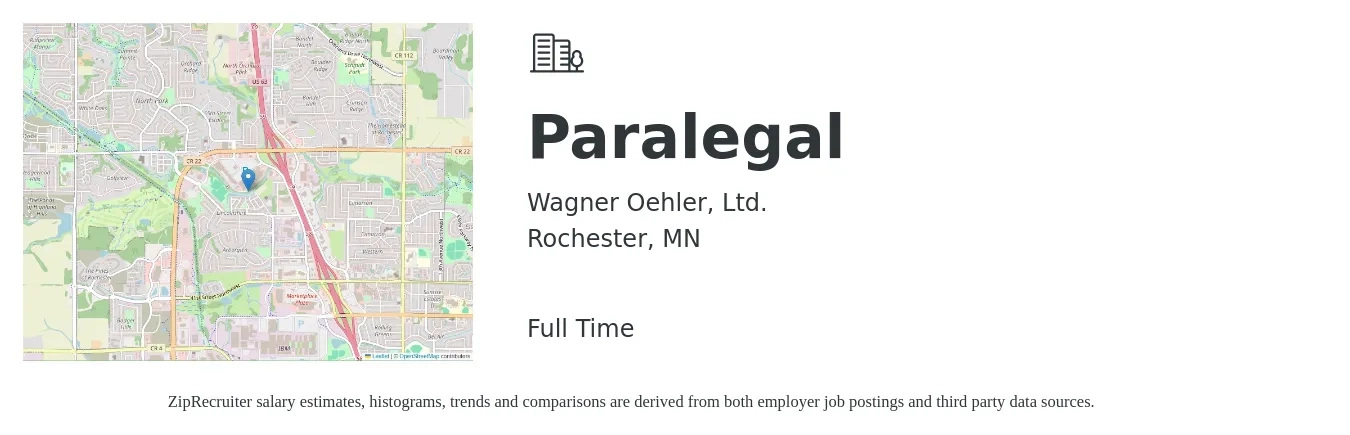 Wagner Oehler, Ltd. job posting for a Paralegal in Rochester, MN with a salary of $45,000 to $50,000 Yearly with a map of Rochester location.