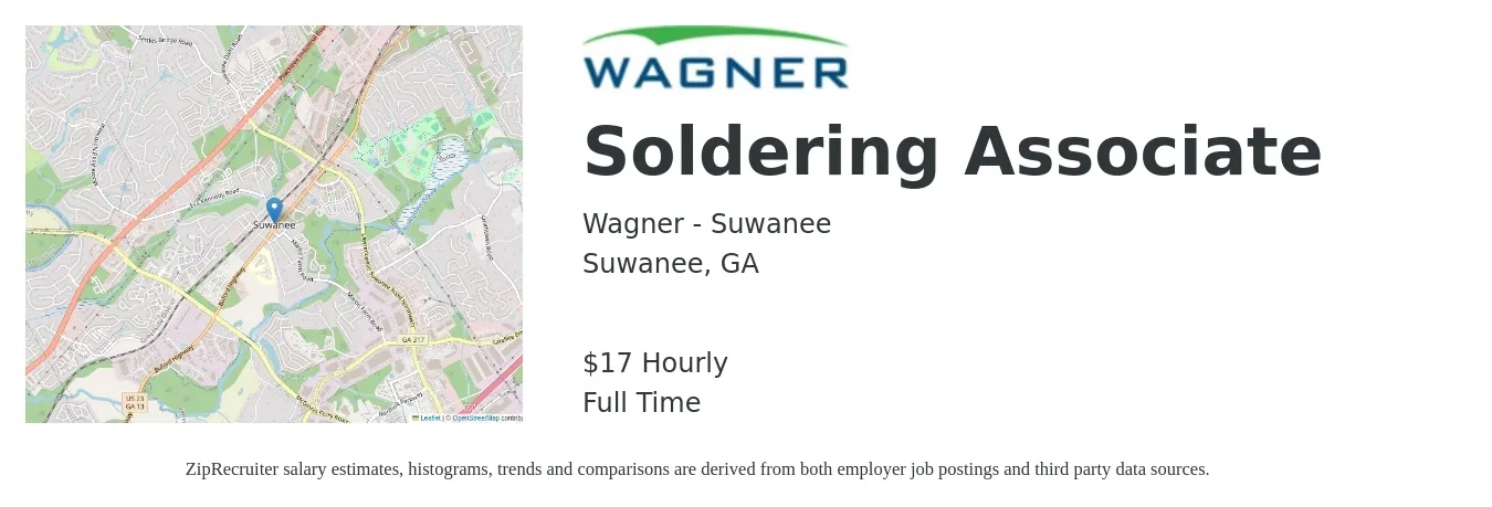 Wagner - Suwanee job posting for a Soldering Associate in Suwanee, GA with a salary of $18 Hourly with a map of Suwanee location.