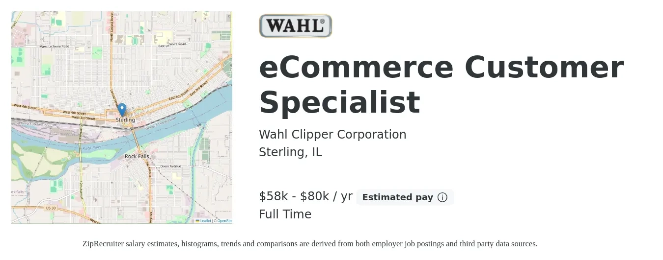 Wahl Clipper Corporation job posting for a eCommerce Customer Specialist in Sterling, IL with a salary of $58,000 to $80,000 Yearly with a map of Sterling location.