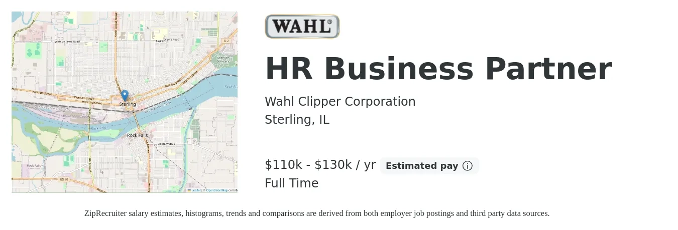 Wahl Clipper Corporation job posting for a HR Business Partner in Sterling, IL with a salary of $110,000 to $130,000 Yearly with a map of Sterling location.