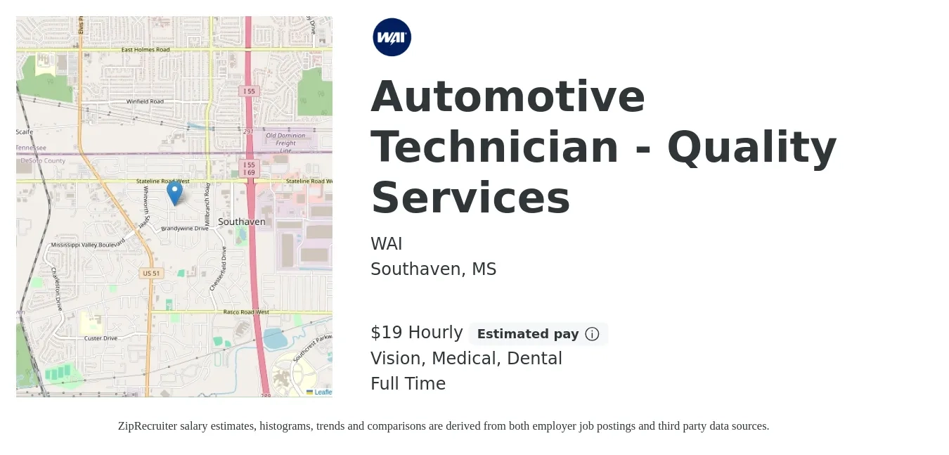 WAI job posting for a Automotive Technician - Quality Services in Southaven, MS with a salary of $20 Hourly and benefits including life_insurance, medical, retirement, vision, and dental with a map of Southaven location.