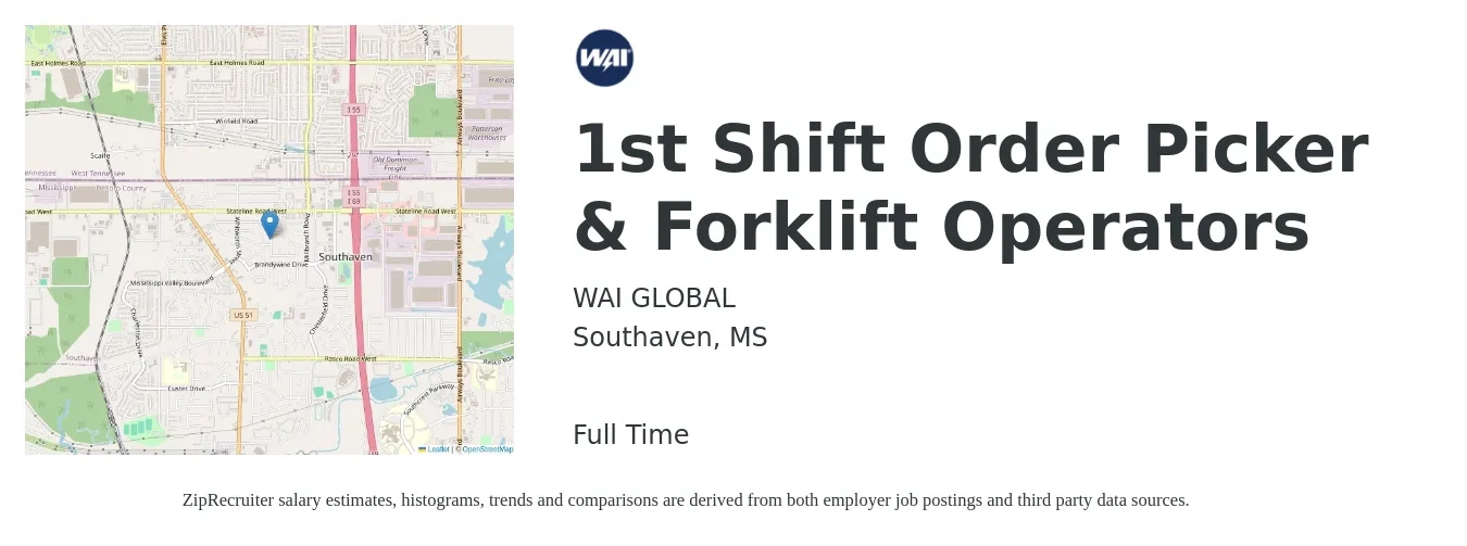 WAI GLOBAL job posting for a 1st Shift Order Picker & Forklift Operators in Southaven, MS with a salary of $14 to $17 Hourly with a map of Southaven location.