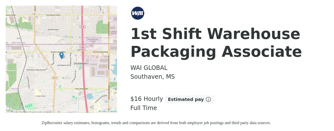WAI GLOBAL job posting for a 1st Shift Warehouse Packaging Associate in Southaven, MS with a salary of $17 Hourly with a map of Southaven location.