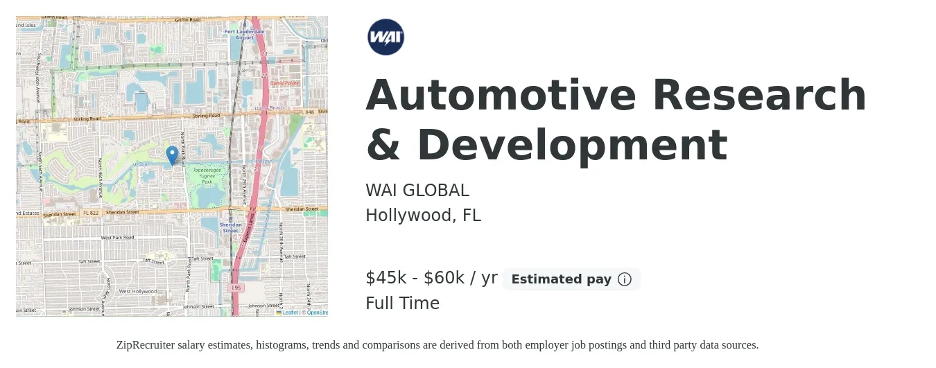 WAI GLOBAL job posting for a Automotive Research & Development in Hollywood, FL with a salary of $45,000 to $60,000 Yearly with a map of Hollywood location.