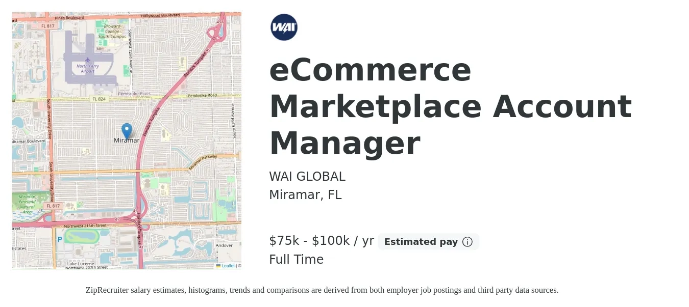 WAI GLOBAL job posting for a eCommerce Marketplace Account Manager in Miramar, FL with a salary of $75,000 to $100,000 Yearly with a map of Miramar location.