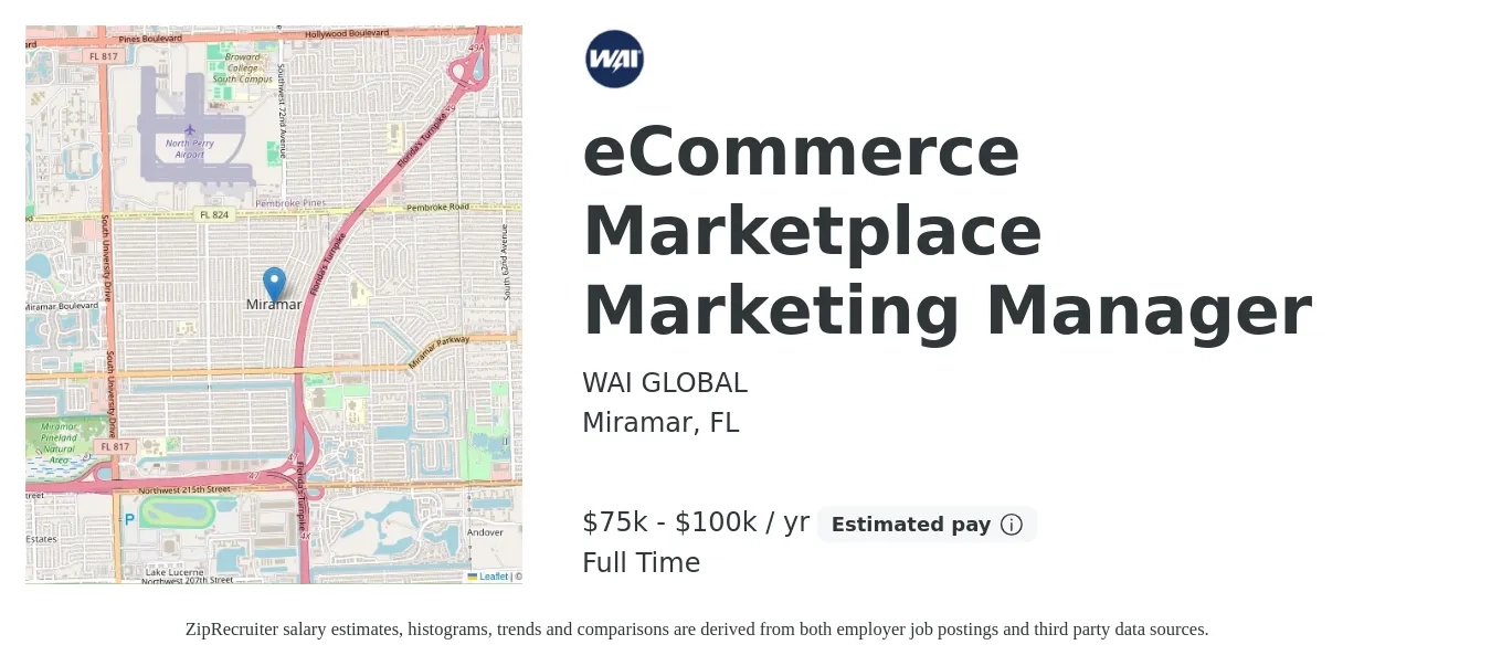 WAI GLOBAL job posting for a eCommerce Marketplace Marketing Manager in Miramar, FL with a salary of $75,000 to $100,000 Yearly with a map of Miramar location.