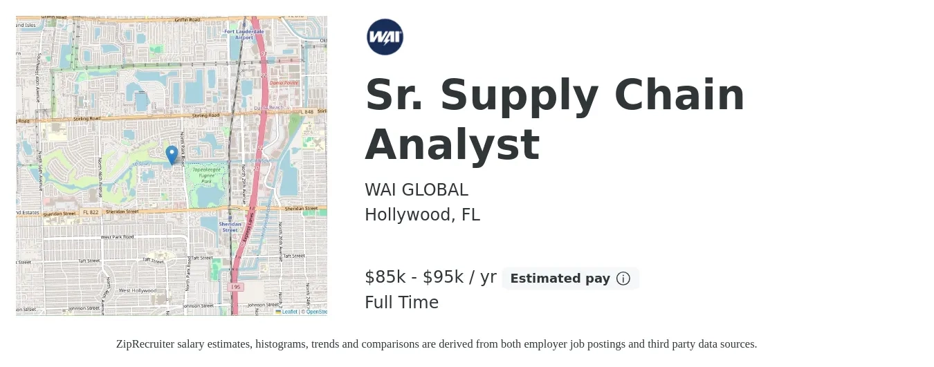 WAI GLOBAL job posting for a Sr. Supply Chain Analyst in Hollywood, FL with a salary of $85,000 to $95,000 Yearly with a map of Hollywood location.