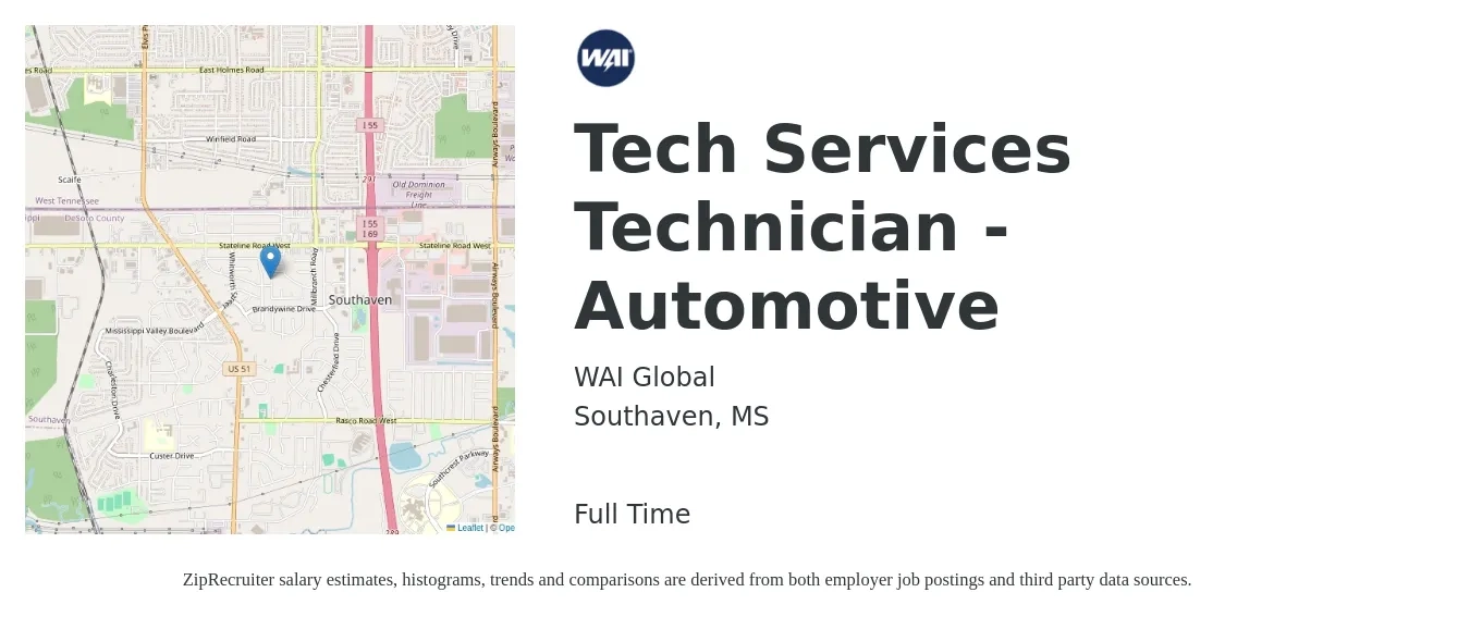 WAI Global job posting for a Tech Services Technician - Automotive in Southaven, MS with a salary of $20 to $22 Hourly with a map of Southaven location.