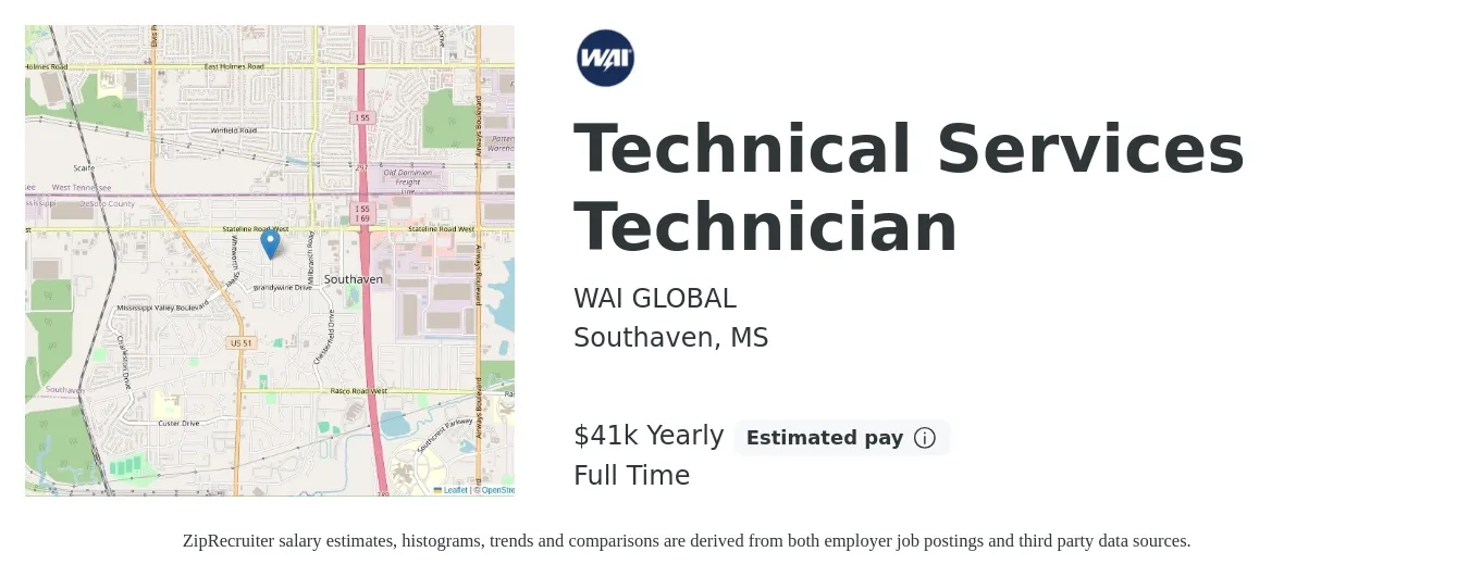WAI GLOBAL job posting for a Technical Services Technician in Southaven, MS with a salary of $41,600 Yearly with a map of Southaven location.