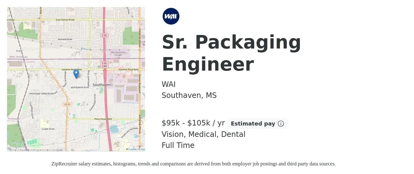 WAI job posting for a Sr. Packaging Engineer in Southaven, MS with a salary of $95,000 to $105,000 Yearly and benefits including medical, retirement, vision, dental, and life_insurance with a map of Southaven location.