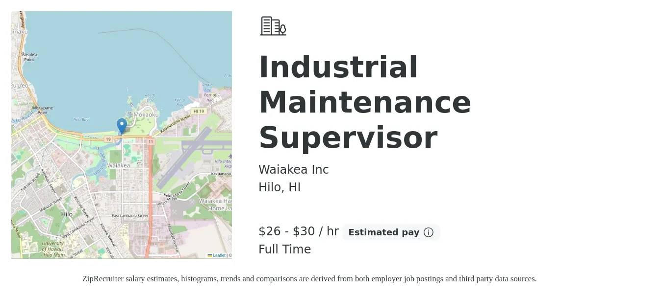 Waiakea Inc job posting for a Industrial Maintenance Supervisor in Hilo, HI with a salary of $28 to $32 Hourly with a map of Hilo location.